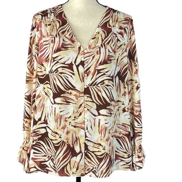 Alfani Large Top Button-Up V-Neck Long Bell Sleeves V-Neck Leaf Print New - Picture 1 of 9